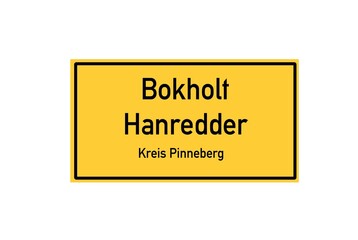 Isolated German city limit sign of Bokholt Hanredder located in Schleswig-Holstein