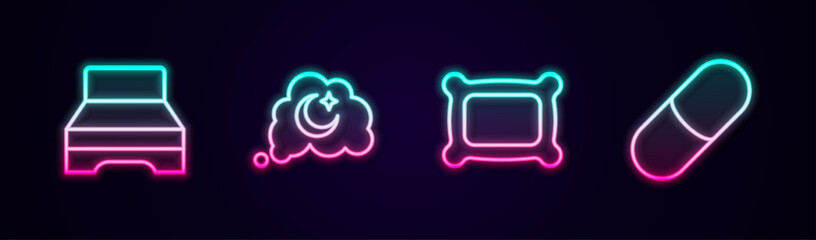 Set line Big bed, Dreams, Pillow and Sleeping pill. Glowing neon icon. Vector