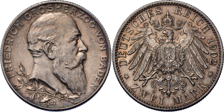 GERMANY BADEN, Friedrich I, 2 Mark 1902, 50th Year of Reign, aUNC