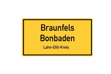Isolated German city limit sign of Braunfels Bonbaden located in Hessen