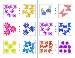 Obraz na płótnie Canvas Compare the number of flowers and butterflies, choose the correct sign. Math for kids