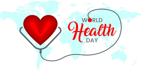 World Health Day Banner with heart, World map, Template