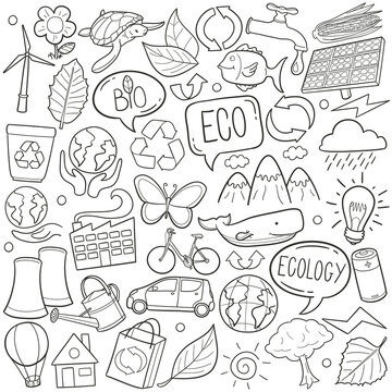 Ecology Doodle Icons. Hand Made Line Art. Recycle Clipart Logotype Symbol Design.