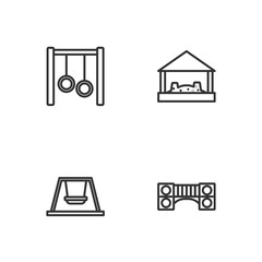 Set line Playground kids bridge, Swing for, Gymnastic rings and Sandbox with sand icon. Vector