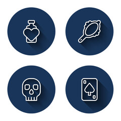 Set line Bottle with love potion, Magic hand mirror, Skull and Playing cards with long shadow. Blue circle button. Vector