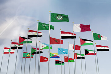 League of Arab States, the flags of the 22 Arab countries ripple in the sky with the flag of the...