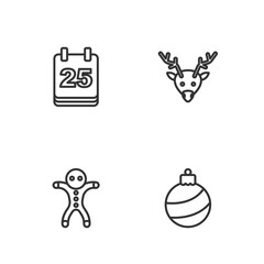 Set line Christmas ball, Holiday gingerbread man cookie, calendar and Reindeer icon. Vector