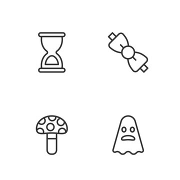 Set line Ghost, Psilocybin mushroom, Old hourglass and Bow tie icon. Vector
