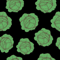 Cabbage seamless pattern. Hand drawn background. Vector illustration. Color illustration. Cabbage vegetable hand drawn backdrop.