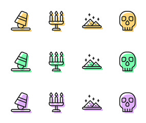 Set line Magic powder, Game thimbles, Candlestick and Skull icon. Vector