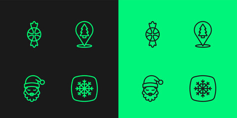 Set line Snowflake, Santa Claus hat and beard, Candy and Christmas tree icon. Vector