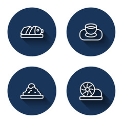 Set line Fish with sliced pieces, Soy sauce in bowl, Rice and Xiao long bao with long shadow. Blue circle button. Vector