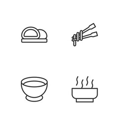 Set line Ramen soup bowl, Soy sauce in, Sushi and Food chopsticks with noodles icon. Vector