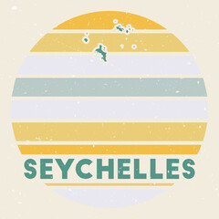 Seychelles logo. Sign with the map of island and colored stripes, vector illustration. Can be used as insignia, logotype, label, sticker or badge of the Seychelles.