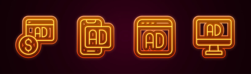 Set line Advertising, and . Glowing neon icon. Vector