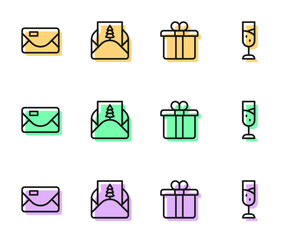 Set line Gift box, Envelope, and Glass of champagne icon. Vector