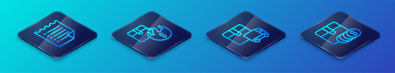 Set Isometric line Delivery cargo truck, Wish list template, Item price tag with dollar and Hot icon. Vector