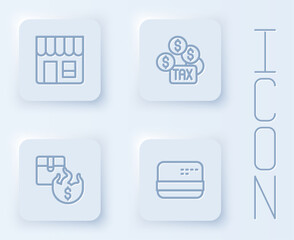 Set line Market store, Tax payment, Hot price and Credit card. White square button. Vector