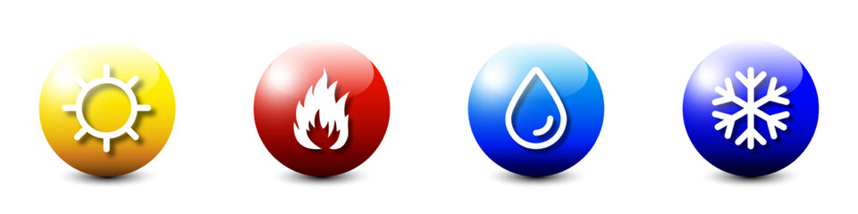 Water, fire, sun and snowflake icons. Hot and cold symbols. Warmth and cold. Freezing snow and fire symbols. Flat vector illustration.