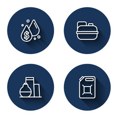 Set line Oil drop with dollar symbol, Canister for gasoline, tank storage and with long shadow. Blue circle button. Vector