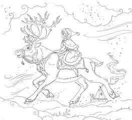 coloring page for Andersen's The Snow Quin fairytale with Gerda riding a reindeer