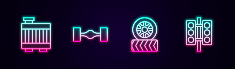 Set line Car radiator cooling system, Chassis car, tire wheel and Racing traffic light. Glowing neon icon. Vector