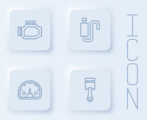Set line Check engine, Car muffler, Speedometer and Engine piston. White square button. Vector