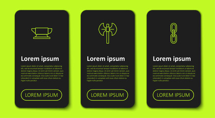 Set line Blacksmith anvil tool, Medieval poleaxe and Chain link. Business infographic template. Vector