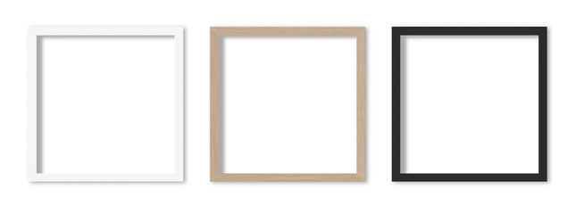 Picture frames set on transparent background.  White, wooden and black square frames, 30x30 cm. Template, mock up for your picture, artwork, poster or photo. 3d rendering.