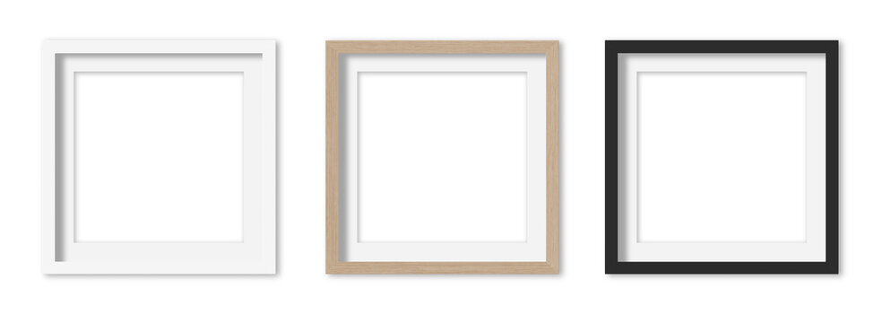 Picture frames set with white Passepartout on transparent background.  White, wooden and black square frames, 30x30 cm. Template, mock up for your picture, artwork, poster or photo. 3d rendering.