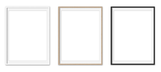 Picture frames set with white Passepartout on transparent background.  White, wooden and black vertical frames, 60x80 cm. Template, mock up for your picture, artwork, poster or photo. 3d rendering.