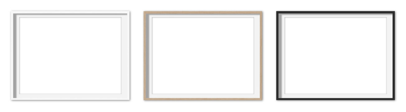 Picture frames set with white Passepartout on transparent background.  White, wooden and black horizontal frames, 80x60 cm. Template, mock up for your picture, artwork, poster or photo. 3d rendering.