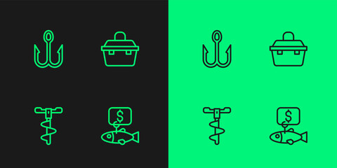 Set line Price tag for fish, Hand drill, Fishing hook and Case box fishing equipment icon. Vector