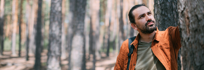 Portrait of a young man with a backpack on a walk in a pine forest on a sunny day. The guy breathes...