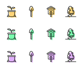 Set line Bird house, Plant in pot, Shovel and Fruit tree icon. Vector