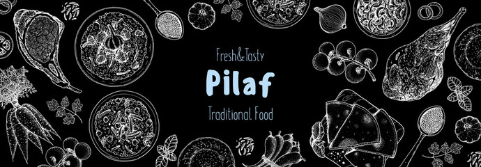 Obraz na płótnie Canvas Pilaf cooking and ingredients for pilaf, sketch illustration. Middle eastern cuisine frame. Uzbek food, design elements. Hand drawn, package design. Arabic food