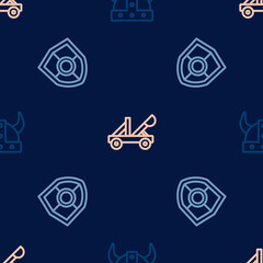 Set line Viking in horned helmet, Shield and Medieval catapult on seamless pattern. Vector