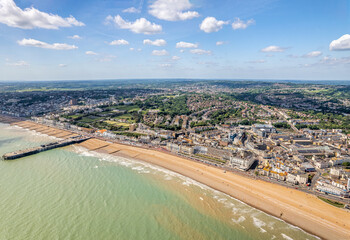 The drone aerial view of the town of Hastings, East Sussex ,England. Hastings is a large seaside...