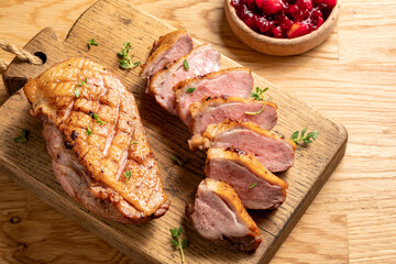 Roasted duck breast with cranberry and apple sauce