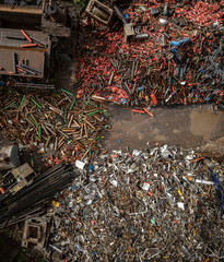 Aerial view of a scrapyard of metal recycling