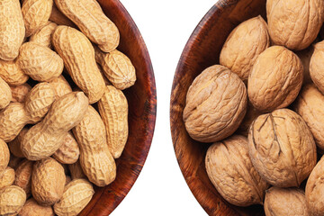 Peanuts background. Wallnuts background. Vegetarian diet food. Nuts in shells inside round wooden bowl isolated. Snacks in a bowl. Healthy party snack. Different types of nuts.