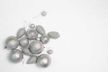 A set of silver Christmas tree toys and decorations for the holiday