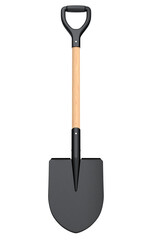 Garden shovel with wooden handle on white background, summer camping concept