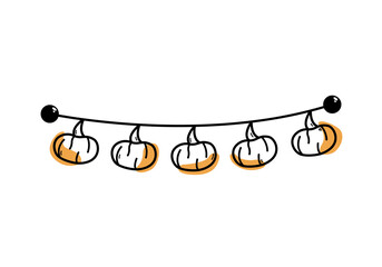 Hand drawn Halloween garland with pumpkins doodle style, vector illustration isolated on white background. Holiday decoration, black outline design element