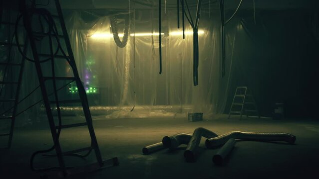 Dim abandoned basement with wires and pipes or messy underground hideout for criminals illuminated by flashing broken LED lights and sparks