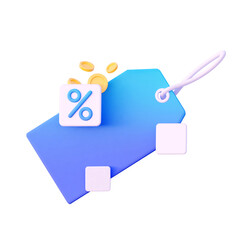 3D price blue tag with percent and flying coins gold. 3d rendering