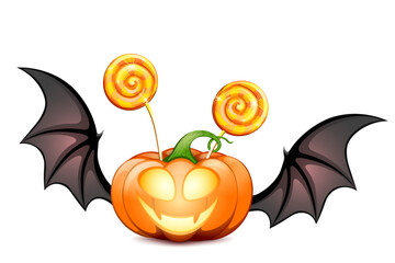 Cartoon orange funny Halloween pumpkin character with black bat wings, scary face and two lollipops. Trick or treat concept