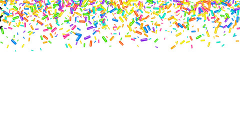 Sprinkle with grains of desserts. Seamless abstract pattern with realistic colorful sweet grains on white background. Design for holiday designs, party, birthday, invitation. Vector 3d sweet confetti