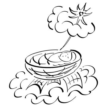 recommend clip art: baby Jesus cute smiling sleeps in the manger and the Christmas star points to Him, black outline