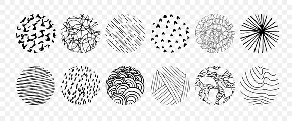 Hand drawn abstract circle sketch set. Vector circular scribble doodle. Backgrounds in the form of a circle of spots, lines, splashes, stripes and dots, on a transparent background